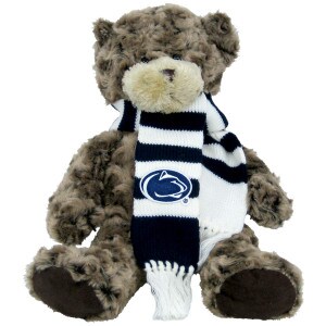 plush Charlie bear wearing navy and white scarf with Penn State Athletic Logo